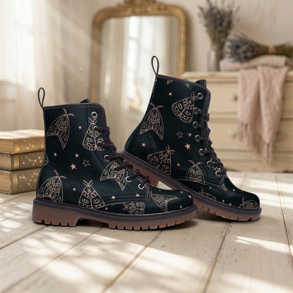 Line Art Moth Boots, Celestial Insect Lace Up Shoes, Mystical Starry Pattern Footwear