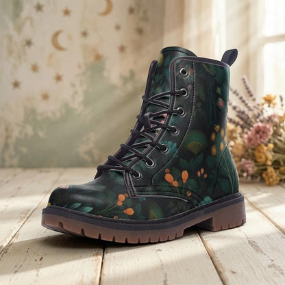 Botanical Forest Combat Boots, Fairycore Vegan Leather Shoes, Gothic Floral Festival Footwear