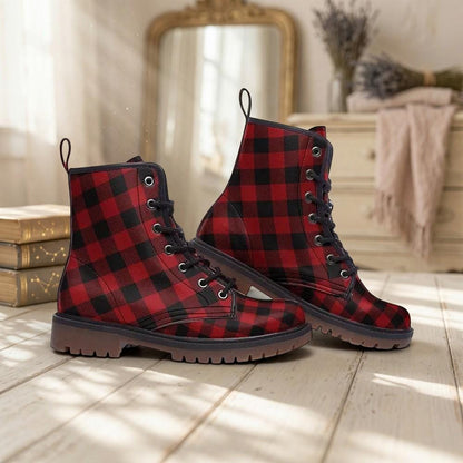 Buffalo Plaid Combat Boots, Red Black Grunge Lace Up Boots, Rustic Fall Statement Shoes