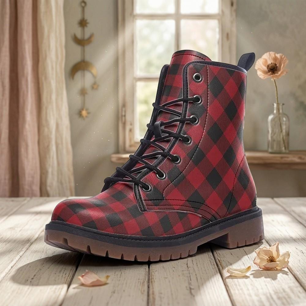 Buffalo Plaid Combat Boots, Red Black Grunge Lace Up Boots, Rustic Fall Statement Shoes