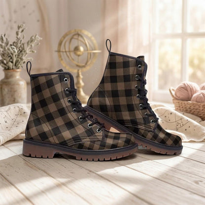 Dark Academia Combat Boots in Brown Check, Moody Fall Grunge Footwear