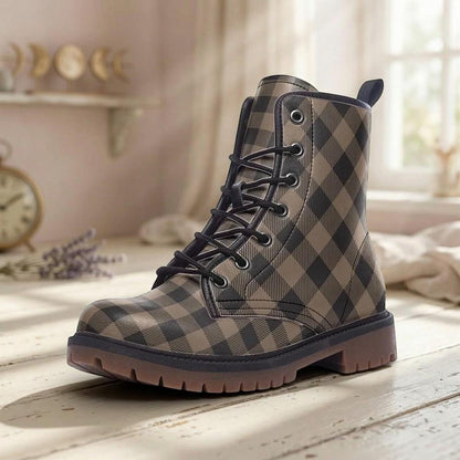 Dark Academia Combat Boots in Brown Check, Moody Fall Grunge Footwear