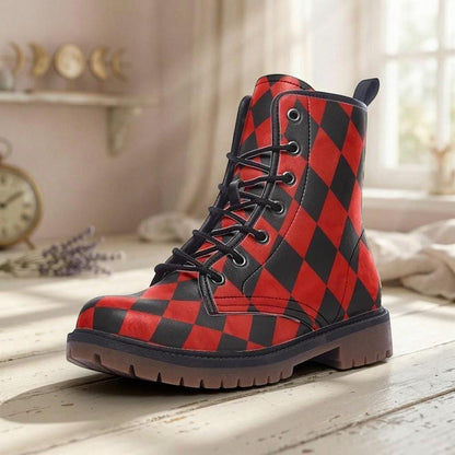 Red Black Harlequin Checker Combat Boots, Circuscore Platform Goth Punk Shoes