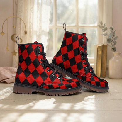 Red Black Harlequin Checker Combat Boots, Circuscore Platform Goth Punk Shoes