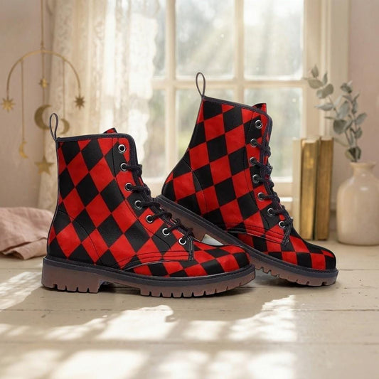 Red Black Harlequin Checker Combat Boots, Circuscore Platform Goth Punk Shoes