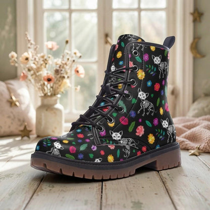 Spooky Cat Combat Boots, Floral Goth Lace Up Shoes, Halloween Alt Footwear