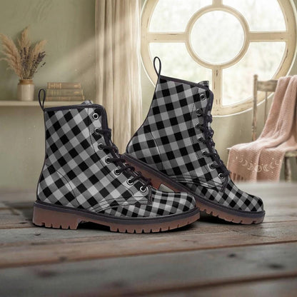 Buffalo Plaid Combat Boots, Black White Checkered Lace Up Grunge Fall Boots for Women