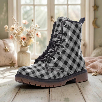 Buffalo Plaid Combat Boots, Black White Checkered Lace Up Grunge Fall Boots for Women