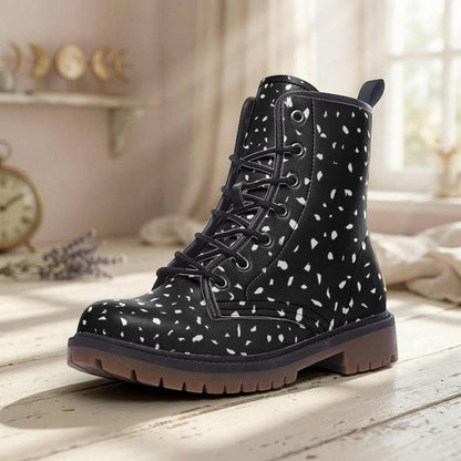 Black Speckled Combat Boots, Monochrome Lace Up Ankle Shoes for Minimalist Streetwear