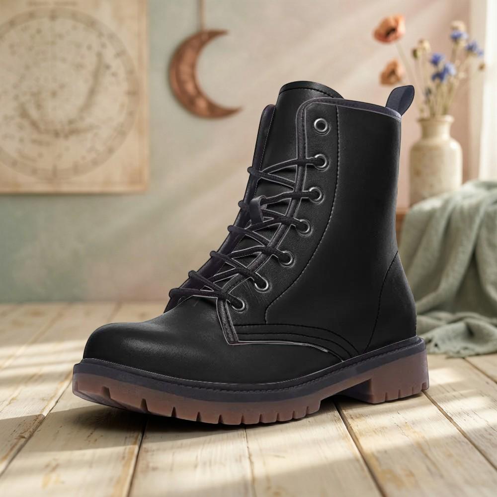 Black Vegan Leather Combat Boots, Lace-Up Platform Ankle Booties