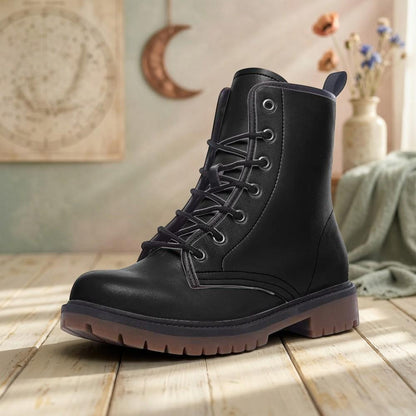 Black Vegan Leather Combat Boots, Lace-Up Platform Ankle Booties