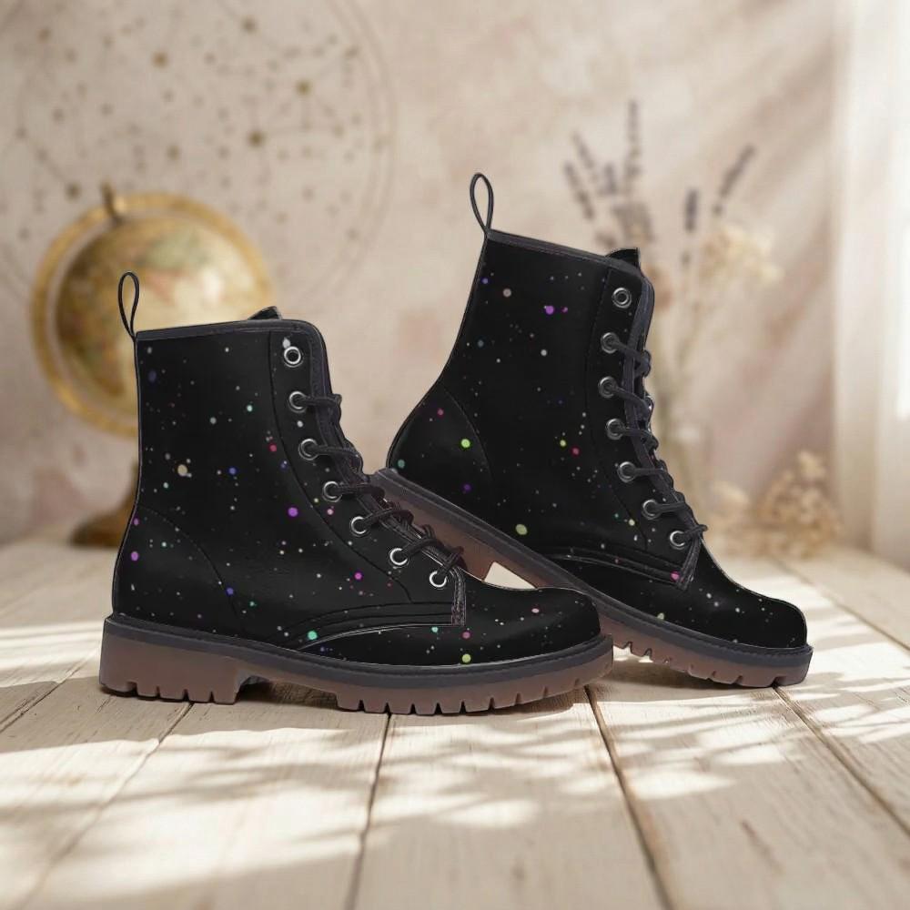 Black Paint Splatter Combat Boots, Colorful Festival Lace Up Ankle Shoes