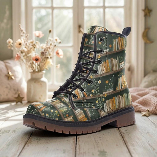 Bookshelf Floral Combat Boots, Book Lover Lace Up Boots, Cottagecore Library Print Shoes