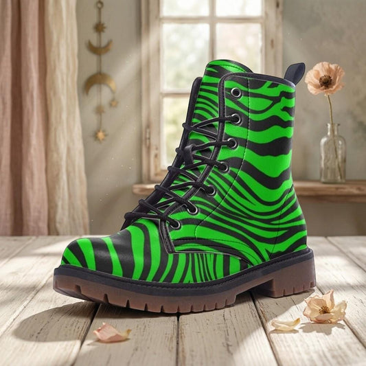Neon Green Zebra Vegan Leather Boots – Edgy Festival Fashion