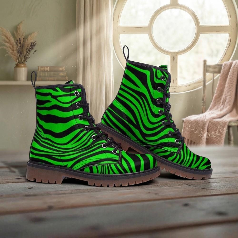 Neon Green Zebra Vegan Leather Boots – Edgy Festival Fashion