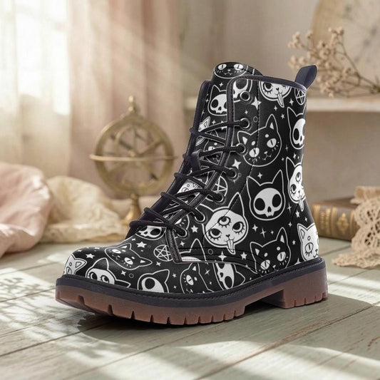 Witchy Cat Combat Boots, Occult Skull Pattern Shoes, Alternative Gothic Fashion, Moon and Feline Style