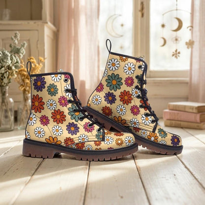 Retro Floral Combat Boots, Groovy Daisy Lace Up Boots, 70s Flower Power Shoes