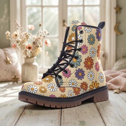 Retro Floral Combat Boots, Groovy Daisy Lace Up Boots, 70s Flower Power Shoes