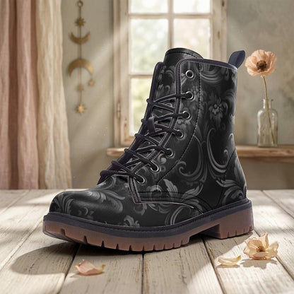 Gothic Damask Combat Boots, Black Victorian Floral Lace Up Boots, Dark Academia Shoes