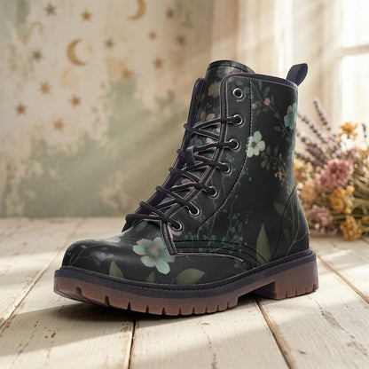 Dark Floral Combat Boots, Gothic Botanical Lace Up Shoes, Cottagecore Grunge Festival Boots