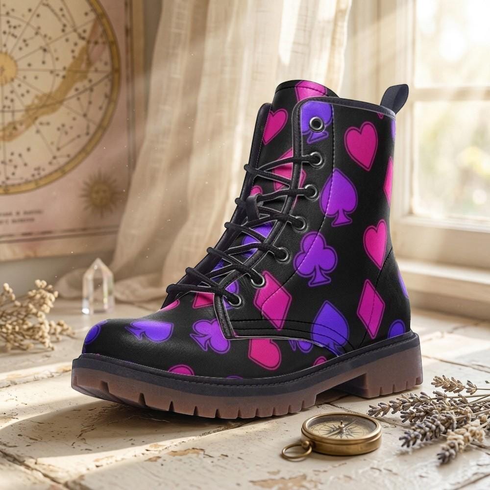 Neon Card Suit Print Combat Boots