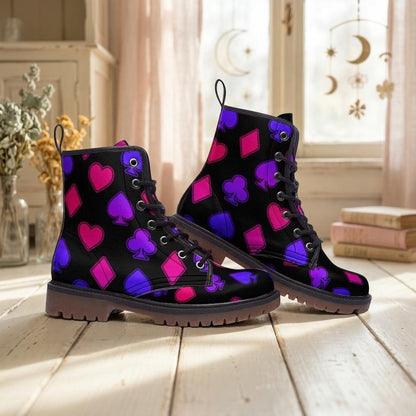 Neon Card Suit Print Combat Boots