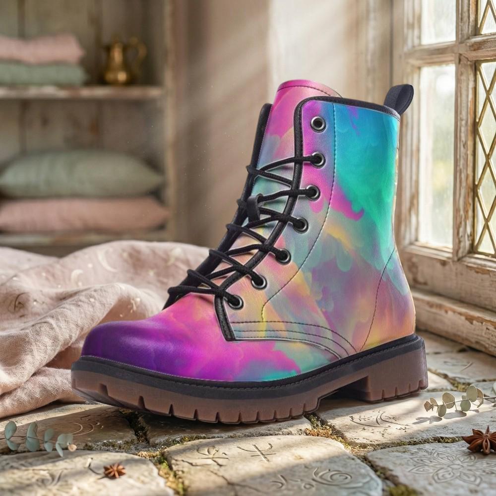 Pastel Rainbow Vegan Leather Combat Boots, Platform, Festival
