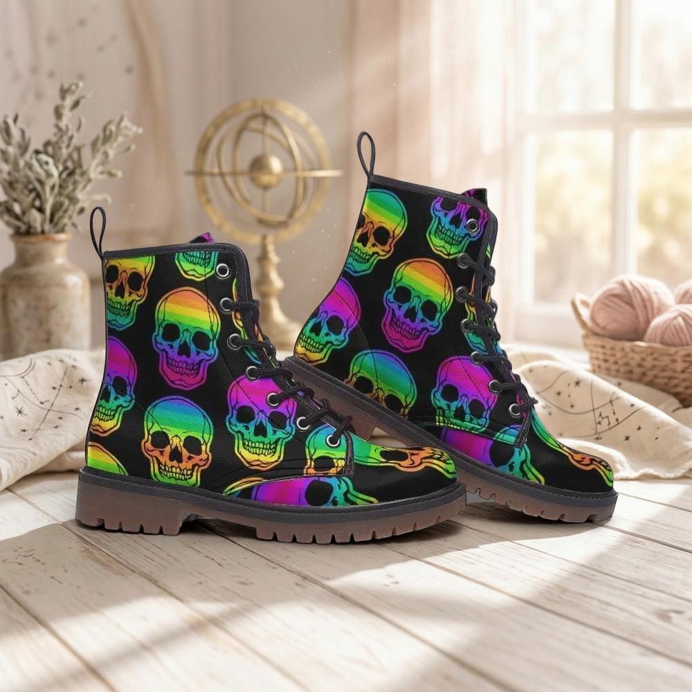 Rainbow Skull Combat Boots, Neon Punk Festival Shoes, Alternative Streetwear Footwear