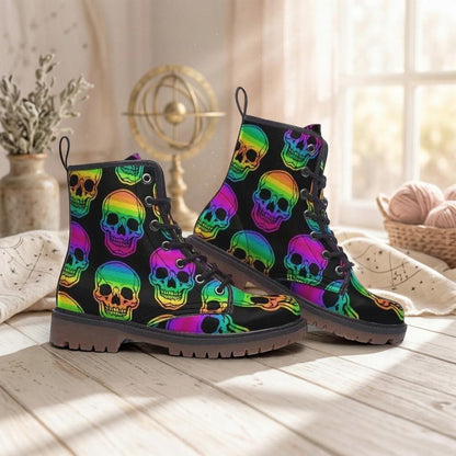 Rainbow Skull Combat Boots, Neon Punk Festival Shoes, Alternative Streetwear Footwear