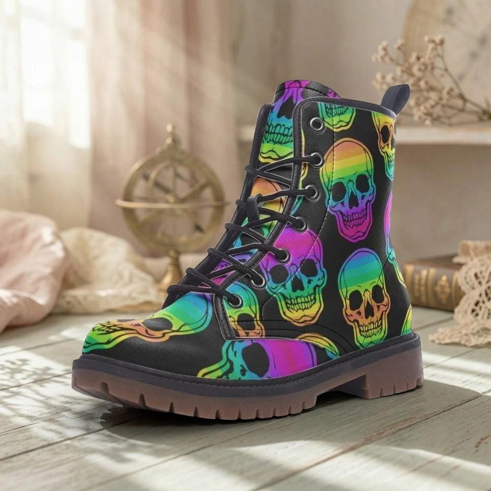 Rainbow Skull Combat Boots, Neon Punk Festival Shoes, Alternative Streetwear Footwear