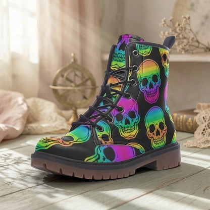 Rainbow Skull Combat Boots, Neon Punk Festival Shoes, Alternative Streetwear Footwear