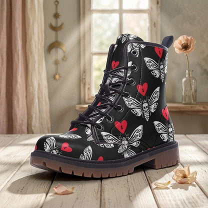 Gothic Moth Combat Boots, Vegan Leather Lace-Up, Edgy Unisex Biker Style, Festival, Dark Fashion