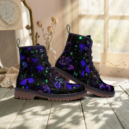 Cosmic Mushroom Combat Boots, Celestial Platform Shoes, Festival Footwear