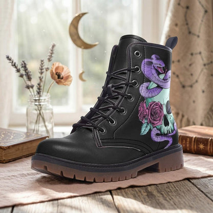 Pastel Goth Skull Snake Vegan Combat Boots, Celestial Witchy Festival Footwear