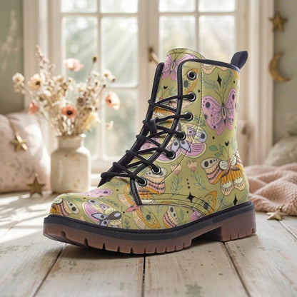 Butterfly Combat Boots, Pastel Moth Floral Shoes, Cottagecore Lace Up Ankle Boots