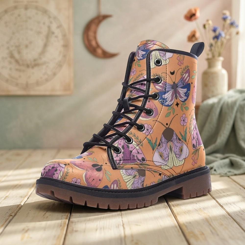 Luna Moth Combat Boots, Peach Witchy Ankle Boots, Pastel Goth Nature Shoes