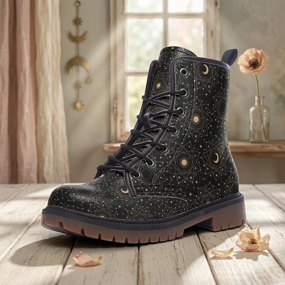 Celestial Moon Combat Boots, Witchy Starry Night Shoes, Occult Fashion