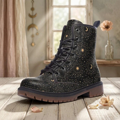 Celestial Moon Combat Boots, Witchy Starry Night Shoes, Occult Fashion
