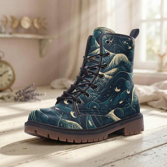 Celestial Ocean Wave Boots, Mystical Sea Combat Shoes, Witchy Festival Style