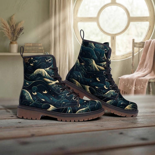 Celestial Ocean Wave Boots, Mystical Sea Combat Shoes, Witchy Festival Style