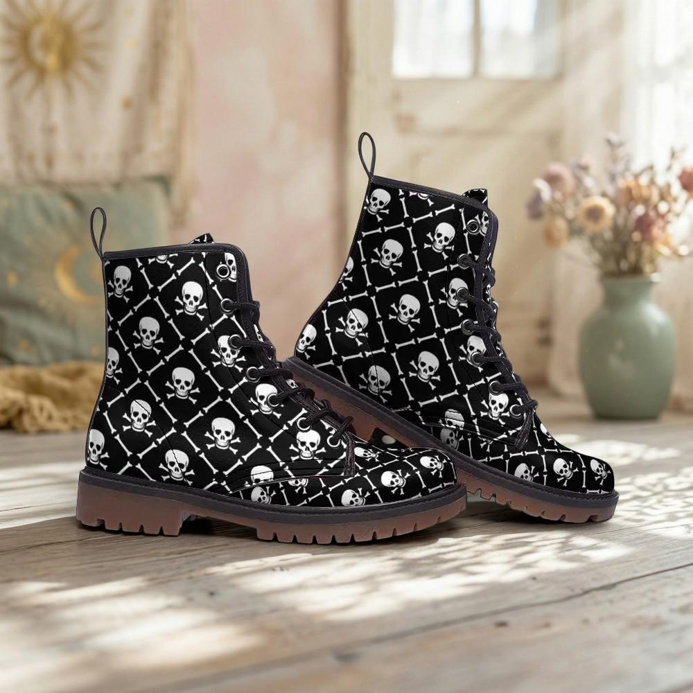Skull Combat Boots, Punk Grunge Lace Up Shoes, Black Goth Biker Boots