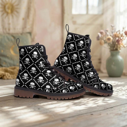 Skull Combat Boots, Punk Grunge Lace Up Shoes, Black Goth Biker Boots