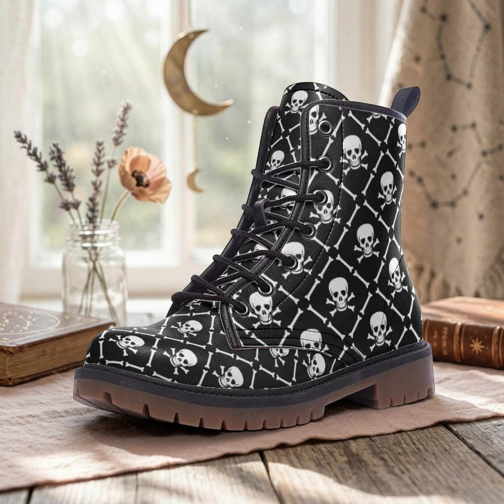 Skull Combat Boots, Punk Grunge Lace Up Shoes, Black Goth Biker Boots