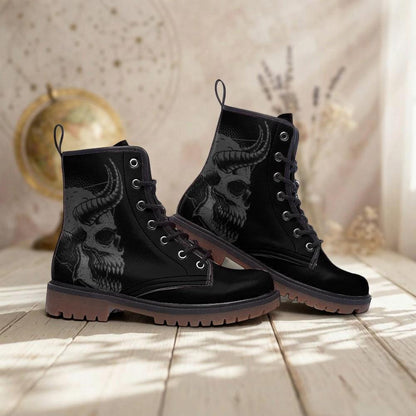 Gothic Skull Vegan Leather Combat Boots, Unisex Punk Lace-Up Ankle Shoes