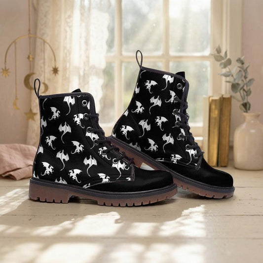 White dragon combat boots, fantasy lace-up shoes, vegan leather, festival cosplay, rave dragon footwear