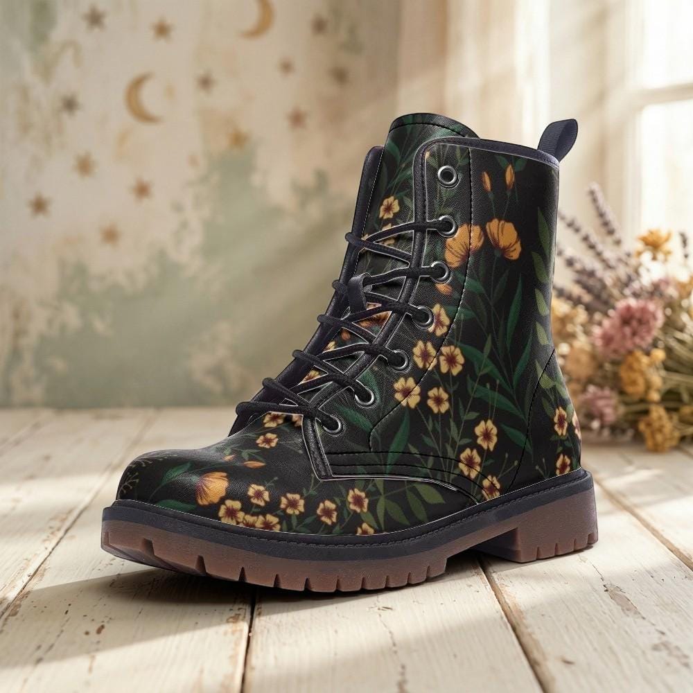 Black Floral Combat Boots, Cottage Goth Lace Up Ankle Boots, Moody Garden Shoes
