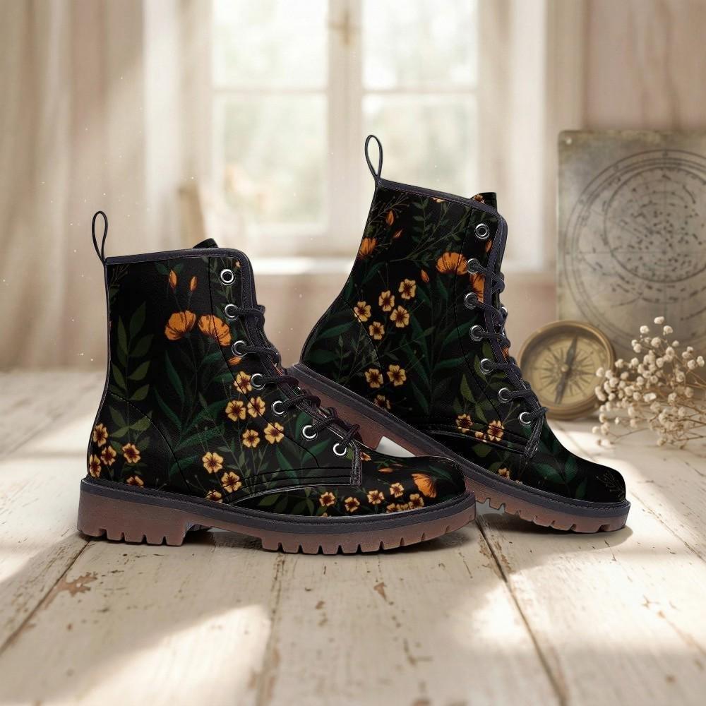 Black Floral Combat Boots, Cottage Goth Lace Up Ankle Boots, Moody Garden Shoes