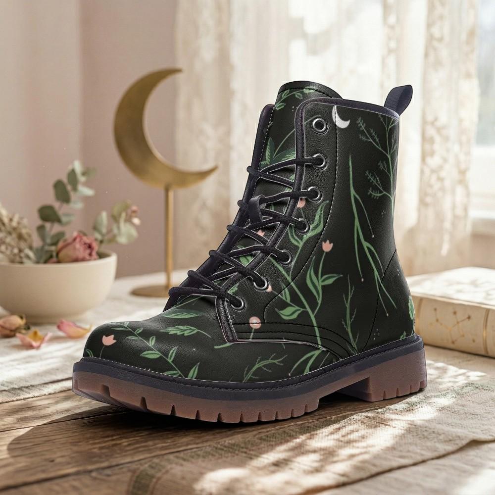 Green botanical combat boots, leaf lace up rave shoes, eco vegan leather
