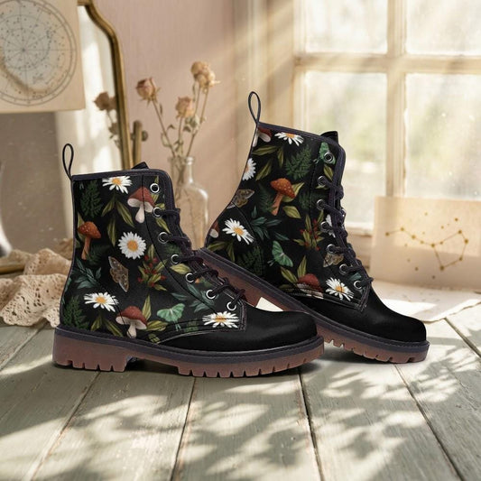 Cottagecore mushroom boots, woodland fairy lace up festival shoes