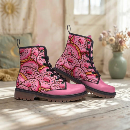 Donut Combat Boots Pink Lace Up Shoes, Sprinkle Print Ankle Boots for Sweet Style